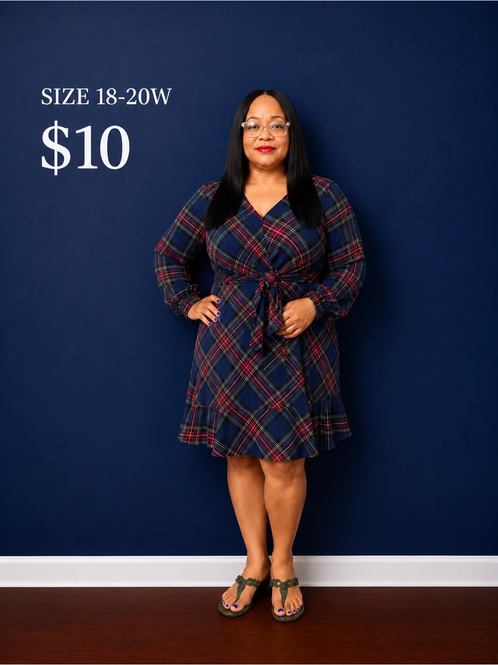 Plus-Size Navy Plaid Wrap Dress with Waist Tie